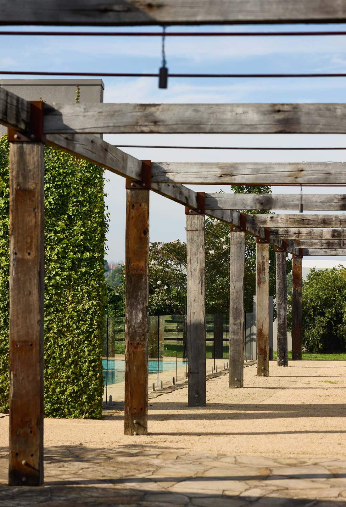 The pergola running past the pool, with a clipped climbing hedge on the house wall