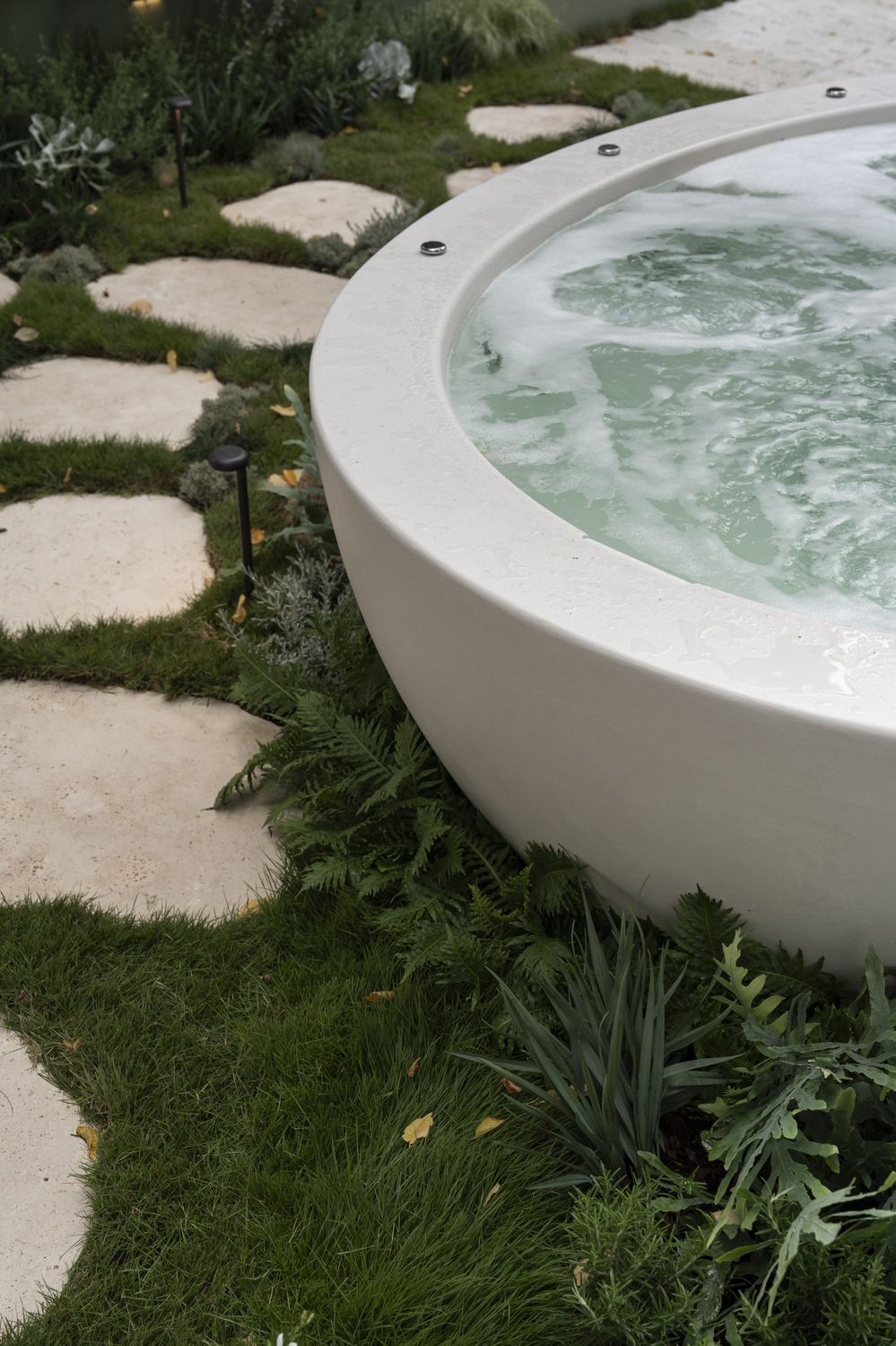 The curved lip of the spa where it meets ferns, lawn and travertine stepping stones